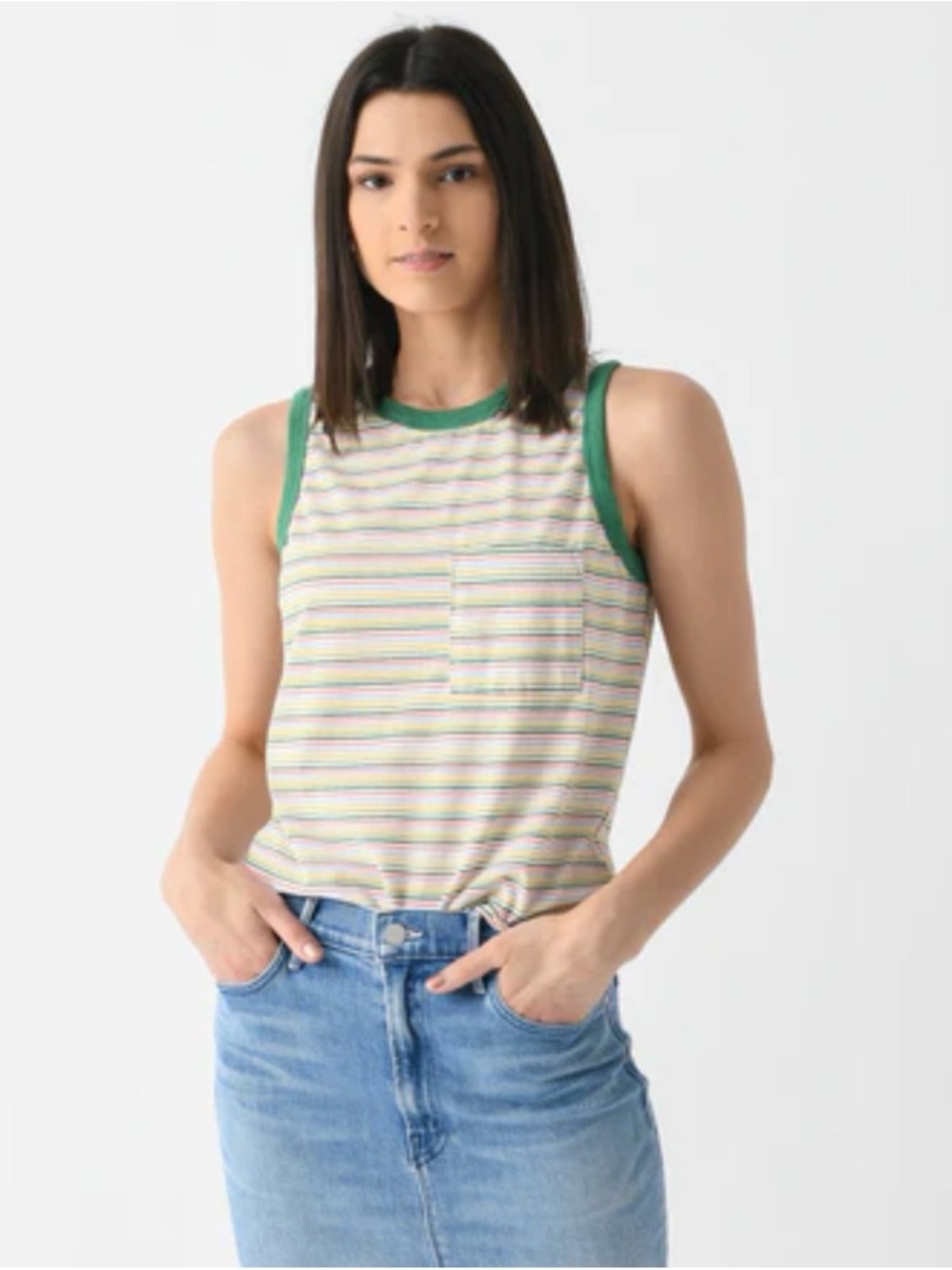 MOTHER Striped Pocket Tank with Green Trim